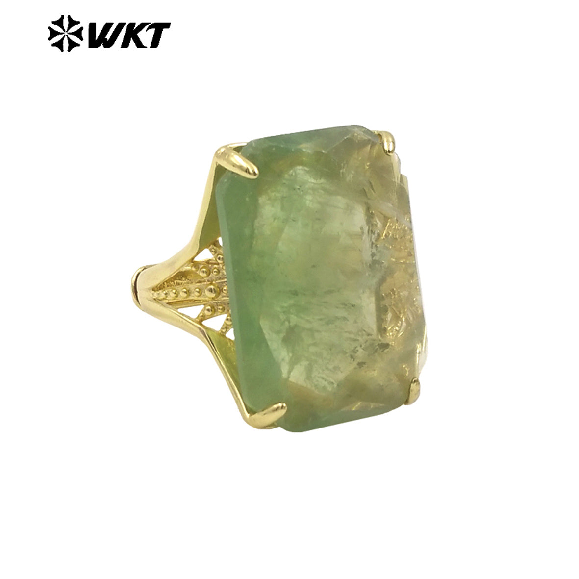 WT-R515 Wholesale Fashion Gold Plated Natural Rainbow Fluorite Stone With Claw Setting Long Square Women Ring