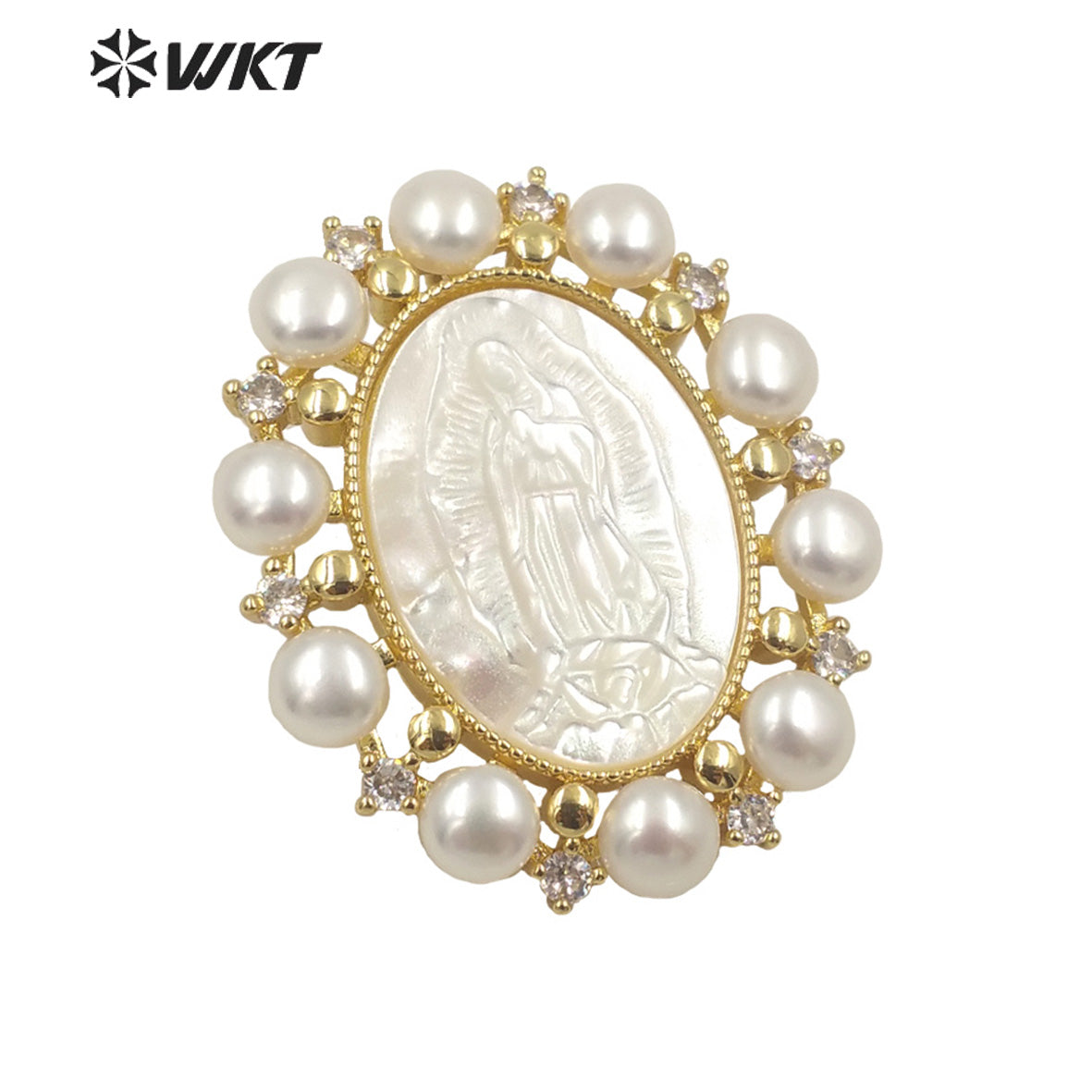 WT-JP275 Women Gorgeous Mother of Pearl Cubic Zircon Religious Pendant UK Design Tiny Pearl Charm Virgin Mary Necklace Pendant
