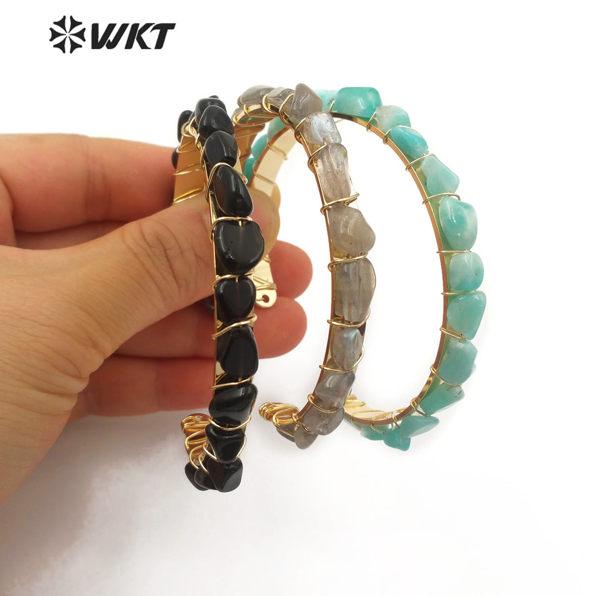 WT-B451 Jewelry Gift for Her Raw Tiny Stone Gold Bangle Adjustable Jewelry Black Gray Green Color Natural Gemstones Bangle
