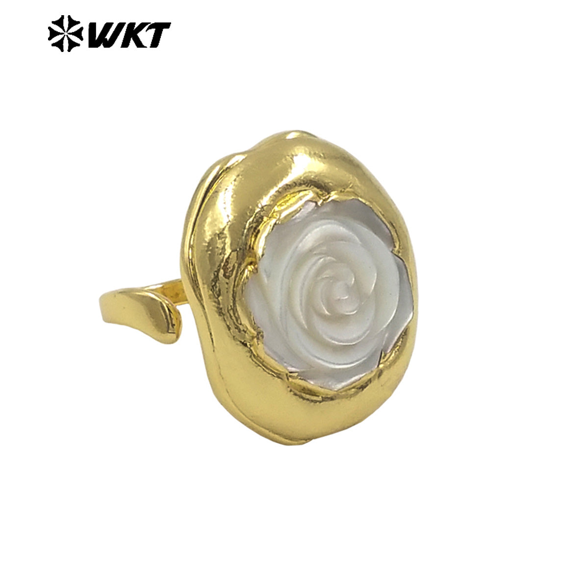 WT-MPR125 Newest Delicate Natural MOP Shell Ring Rose Flower Carved Shape Gold Plated Open Size Party Gift Female Jewelry