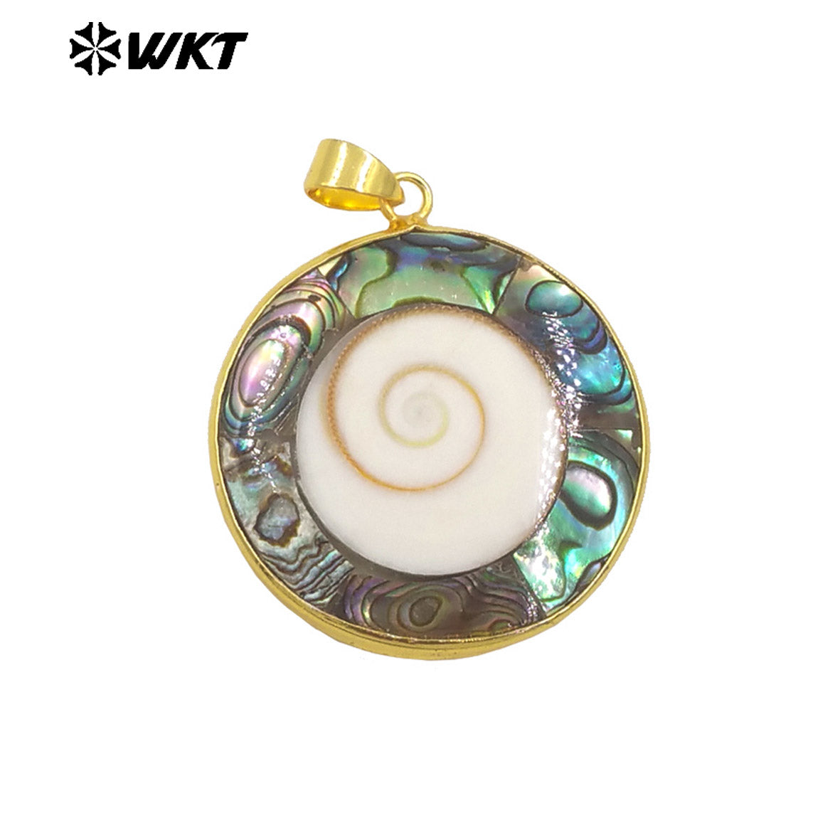 WT-JP361 WKT New Design Big Round Natural Trumpet With Abalone Shell Lucky Pendants for Friend Gift
