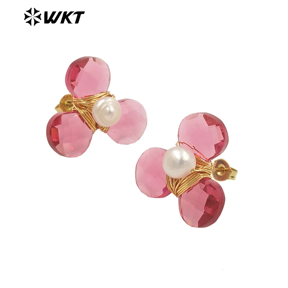 WT-E723 Women New Earrings Design Colorful Cat Eye Stone Flower Studs Handmade Wire Wrapped Pearl Leaf Fashion Girl Earrings