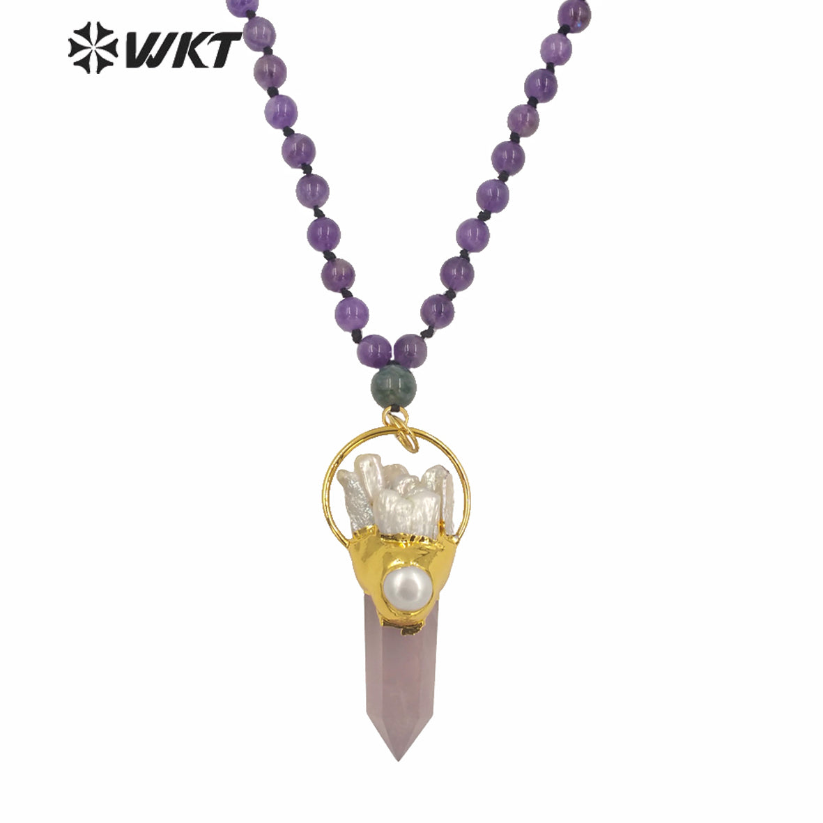 WT-N1243 Exclusive Design 8mm Round Amethyst Stone Necklace Women Winter Hot Pink Quartz Stone Big Chunky Pendant Necklace