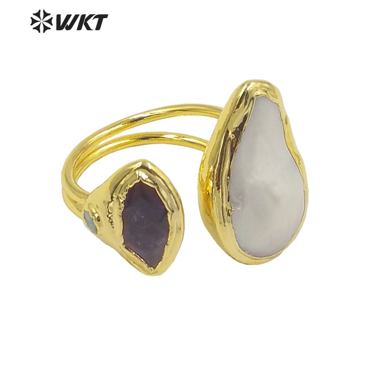 WT-MPR036 Refined Elegant Ladies Rings Blue Kyanite 18k Gold Plated Rings Open Adjustable Size Natural Pearl Gemstone Rings