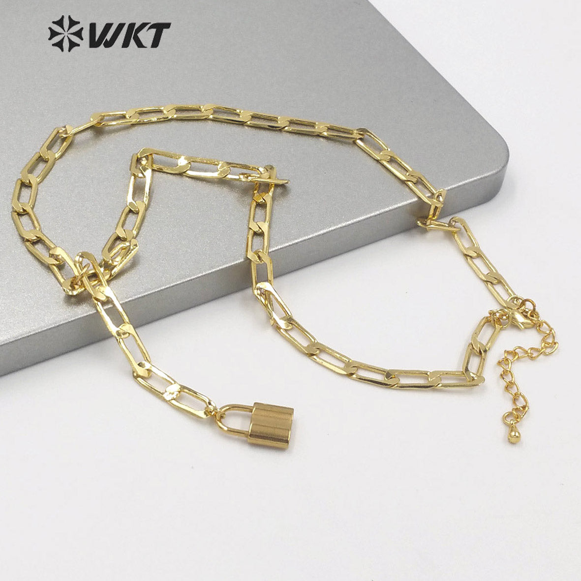 WT-N1307 Wholesale New Fashion 18k Real Gold Plated Faceted Curb Chain Y Shape Necklace Women Lock Choker Necklace