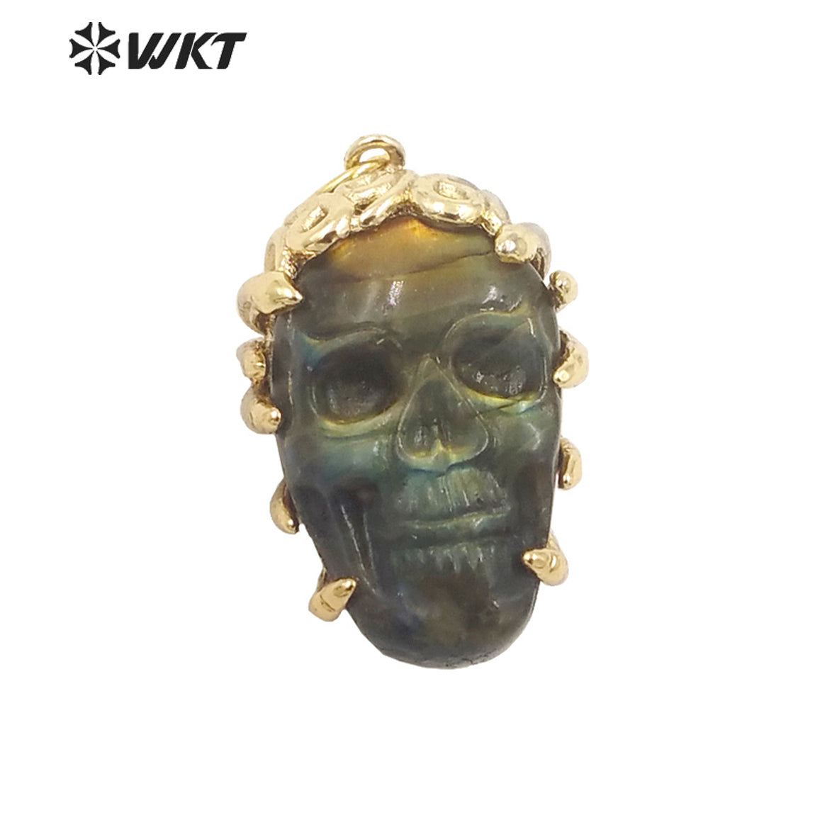 WT-P1957 Wholesale Fashion Gold Bezel Claw Setting Natural Hand Carving Holloween Gift Labradorite Skull Pendants