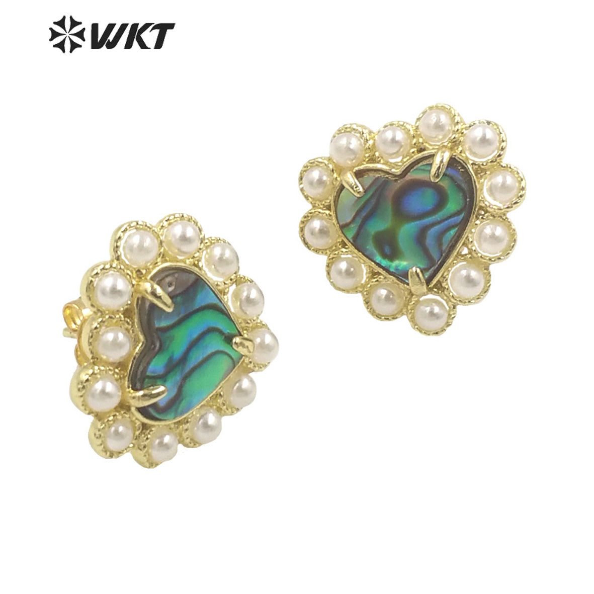 WT-MPE123 Wholesale Gold Plated Artificial Pearl and Natural Abalone Shell Heart Girl Earrings Popular Fashion Boho Studs
