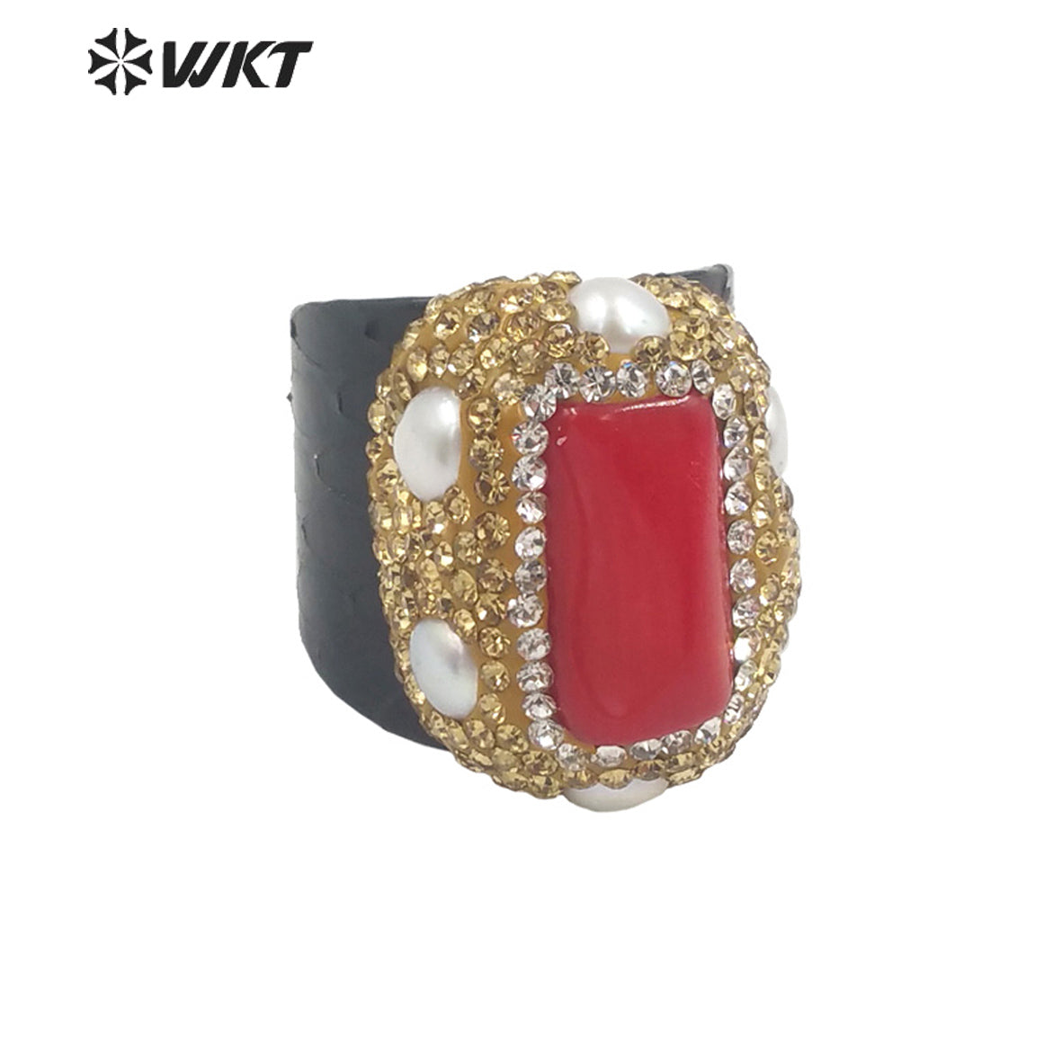 WT-R432 Women Magic Black Genuine Leather Red Coral Ring with Pearl Charm Elegant Rhinestone Pave Party Ring