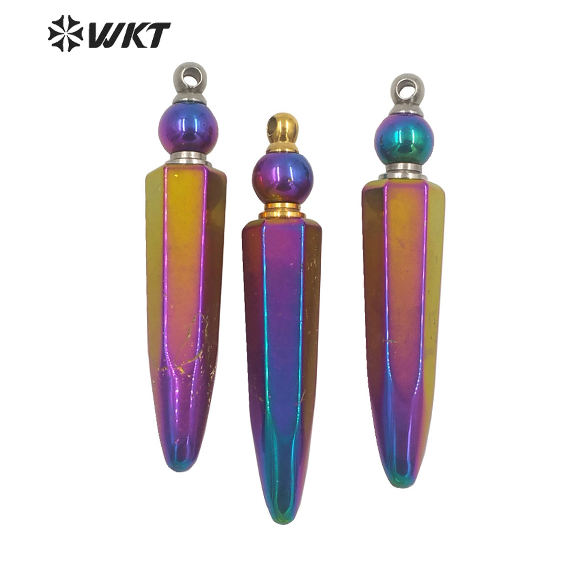 WT-P1643 Wholesale Fashion Rainbow Blue Titanium Bullet Long Perfume Bottle Stone Pendant Women Essencial Oil Bottle Pendant