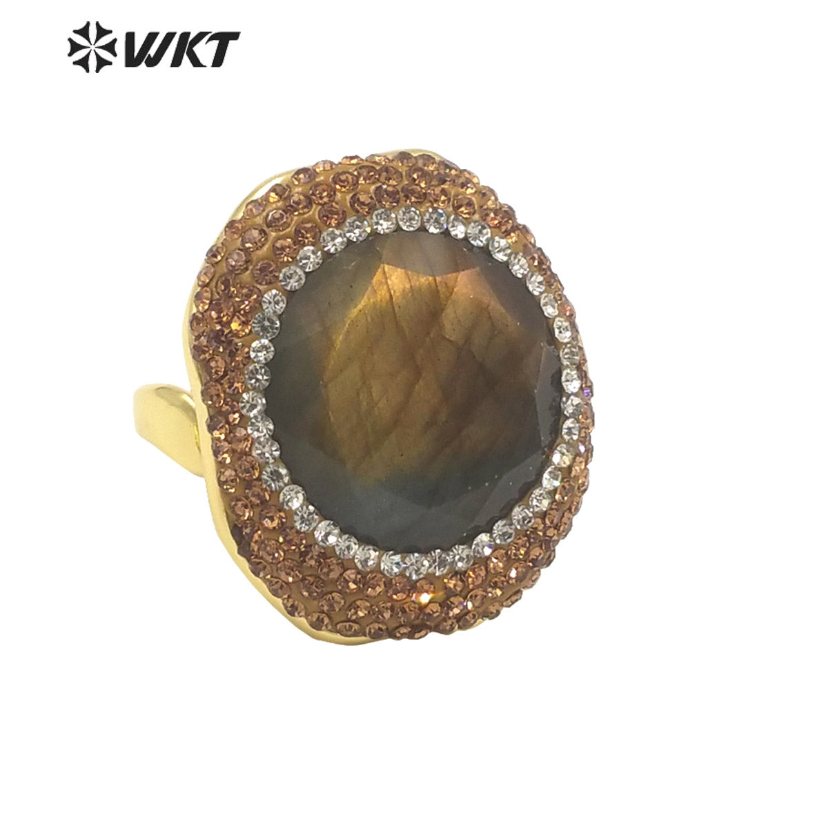 WT-R499 WKT New Design Flashy Round Faceted High Quality 18K Gold Bezel Rhinestone Around Labradorite Stone Ring