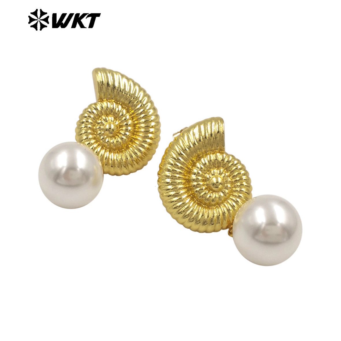WT-ME132 Fashion Gold And Silver Plated Shell Shape Double Designs Brass With Artificial Pearl Earrings For Women Daily Wearing