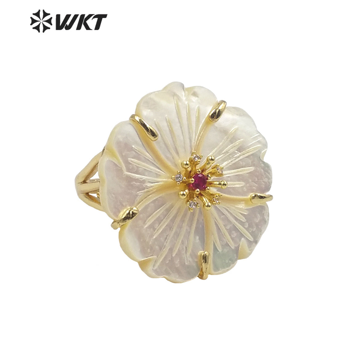 WT-MPR069 Gorgeous Trendy Fashion Natural White Shell and Zircon Flower Shaped Ring for Women Lucky Unique Design Ring