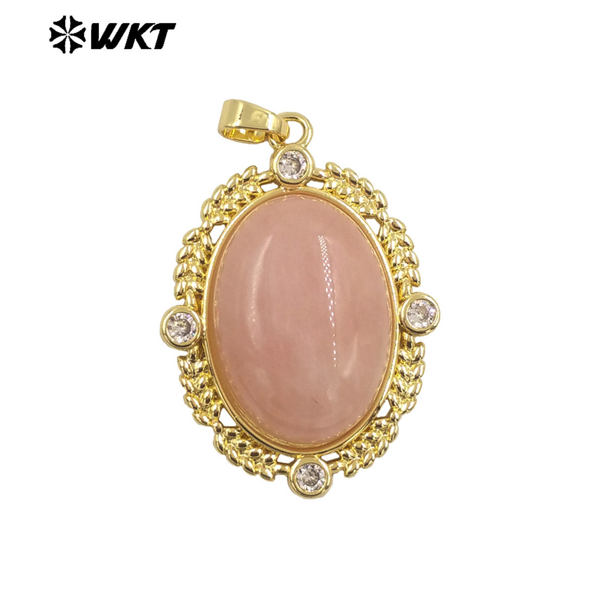 WT-P1985 Wholesale Fashion Gold Bezel Setting With Zircon Around Natural Oval Rose Quartz Stone Pendant for Necklace