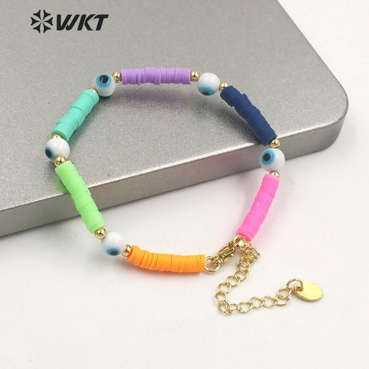 WT-MPB072 WKT NEW Design Rainbow Color Women Eye Resin Beads Bracelet Unique Collection Round Ceramic Eye Beads Bracelets