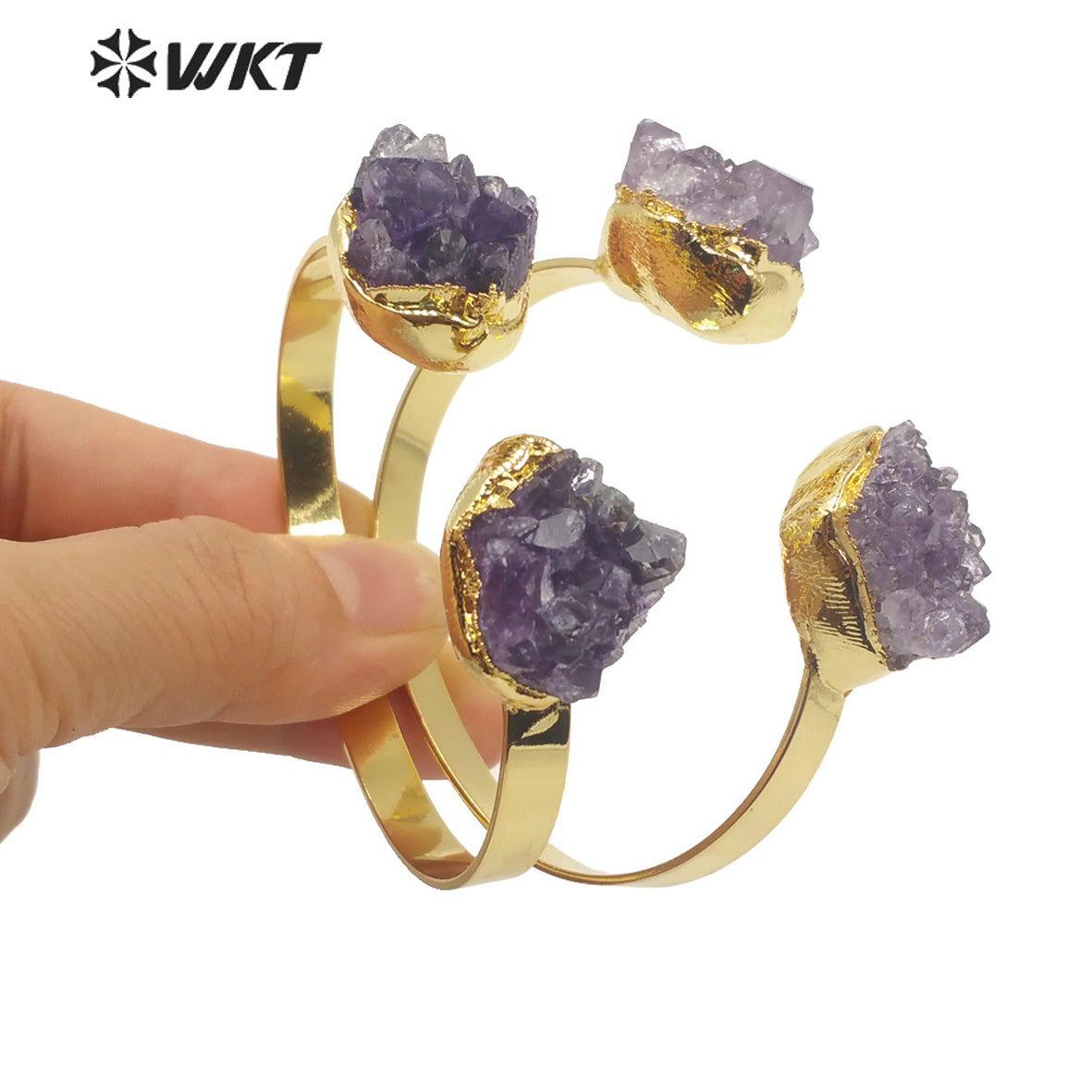 WT-B594 WKT 2022 Fashion Style Natural Amethyst Jewelry Stone Bracelet Opening Adjustable Gold Stone Bangle Women Jewelry