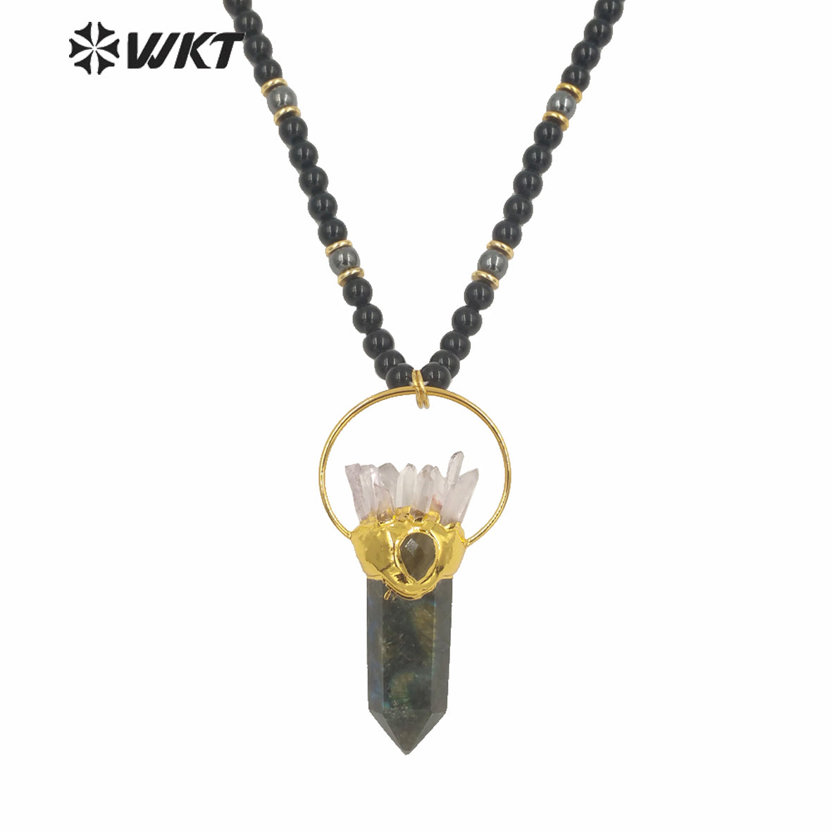 WT-N1244 Women Fashon Big Hexagonal Cube Spirit Point Beads Necklace Natural Labradorite Black Stone Statement Stone Necklace