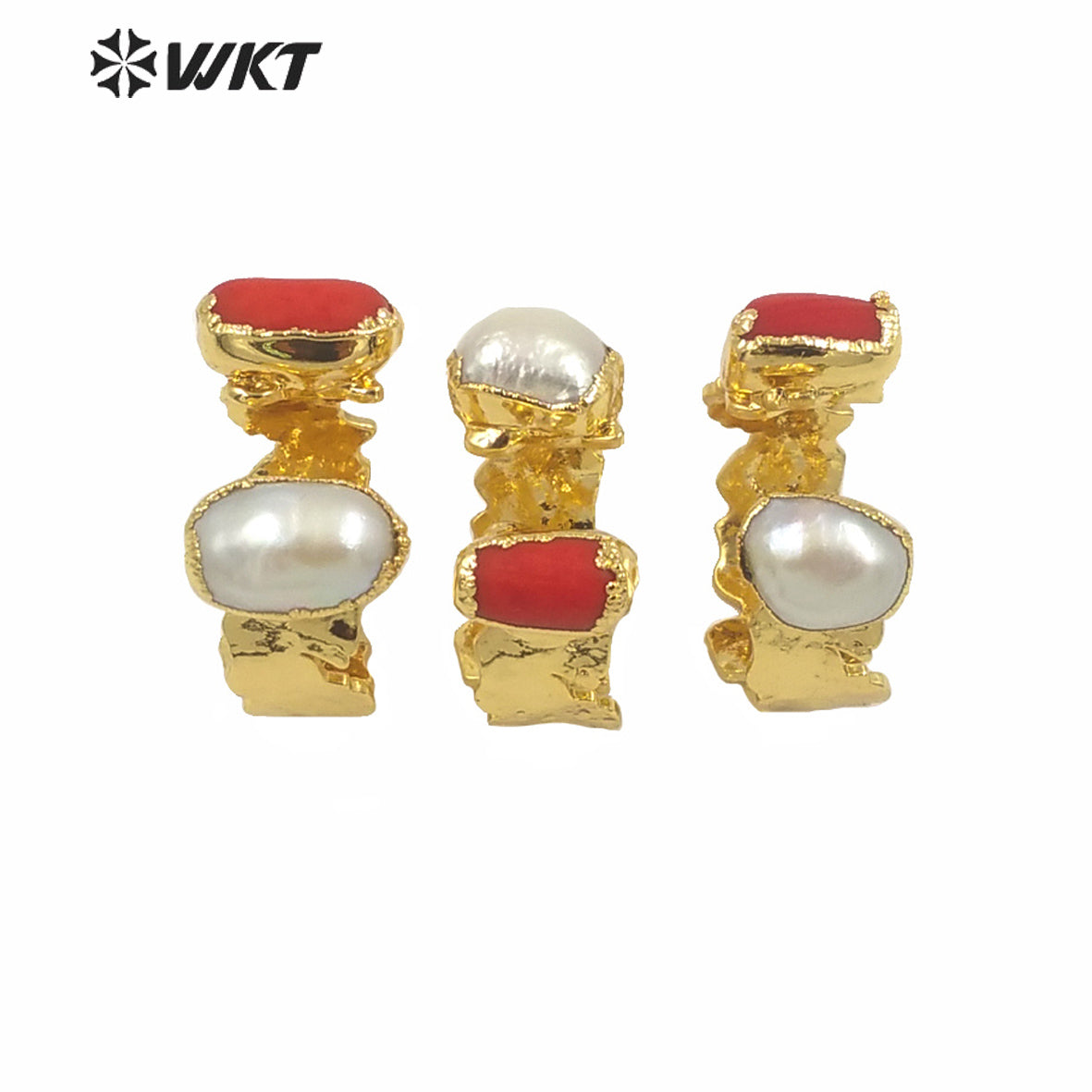 WT-MPR010 Amazing WKT Exclusive Resist Tarnish Gold Electroplated Red Coral Pearl Ring Women Fashion Brass Gold Cocktail Rings