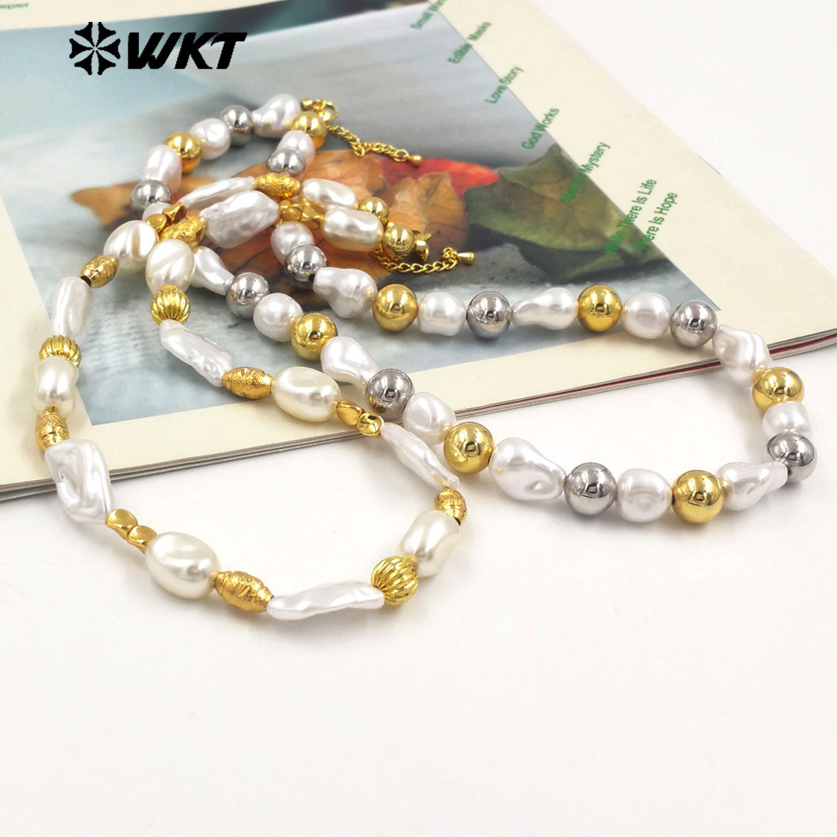 WT-JN293 Wholesale Hot Sale 16 Inch Flat and Round Artificial Pearl Gold and Silver Necklace Temperament Jewelry for Party Dress