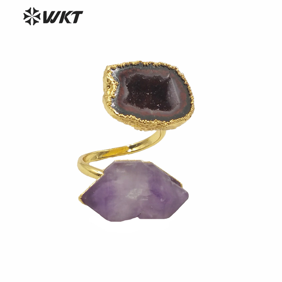 WT-R360 WKT Exclusive Natural Amethyst and Gedoe Agate Stone Ring Fashion Double Stone 18k Real Gold Plated Amethyst Rings