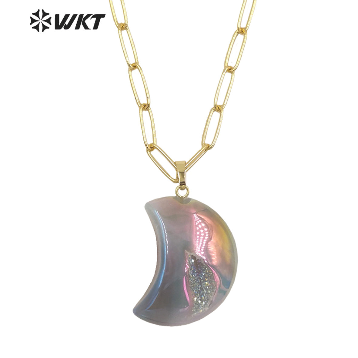 WT-N1393 Wholesale Fashion Gold Aura Druzy Agate Stone Necklace Grey Geode Agate Moon Necklace with Link Chain Healing Necklace