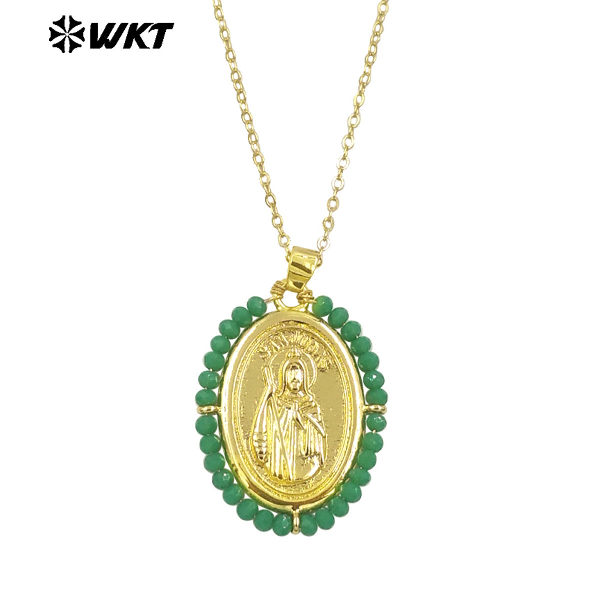 WT-MN989 Women Handmade Crystal Wire Wrapped Oval Shape 18K Gold Plated Miraculous Medal Necklace for Spring