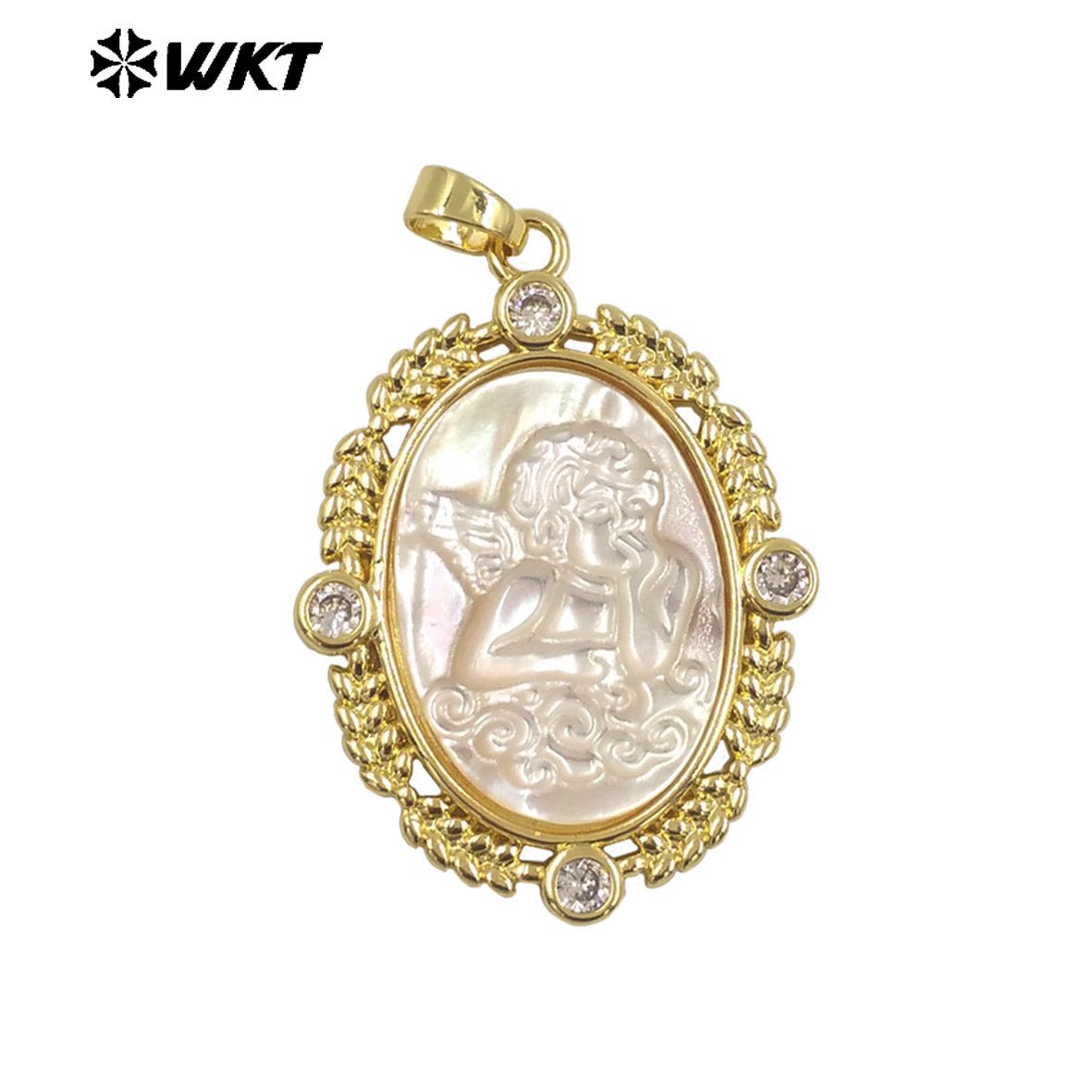 WT-JP371 Wholesale Fashion Gold Plated Oval Shape 18K Real Gold Plated Handmade Carved Mother of Pearl Shell Angel Pendants