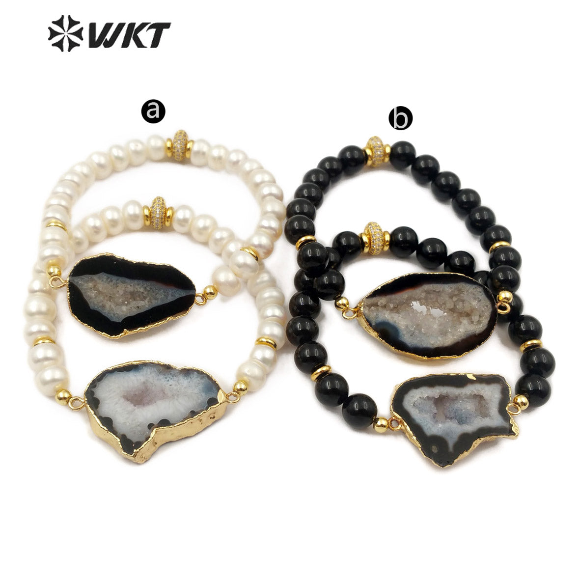 WT-B492 Wholesale Natural Gemstone Slices and Pearl Gold Electroplated Bracelet Women Fashion Charm Bracelet Jewelry