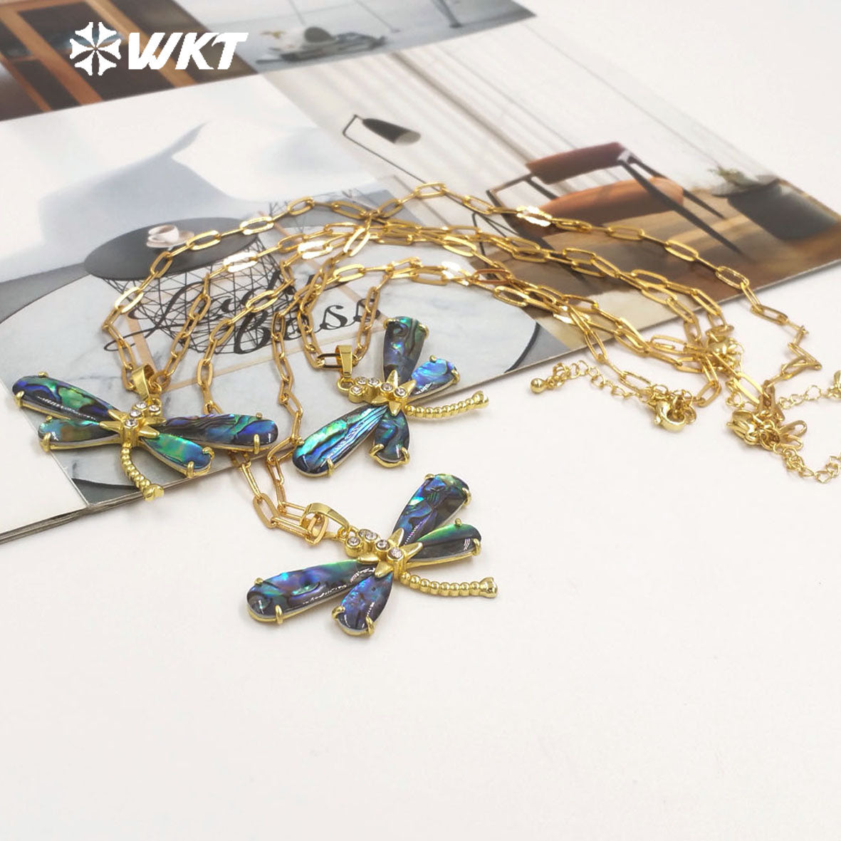 WT-JN336 Wonderful Exquisite Gold Plated Natural Abalone Shell Dragonfly Shape Necklace For Ladies Elegant Daily Wearing Jewelry