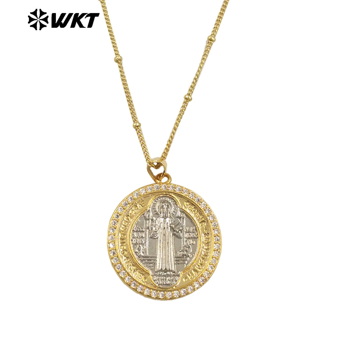 WT-MN987 WKT New Design 18K Gold St Benedict Medal Necklace for Christian Religious Jewelry Gift