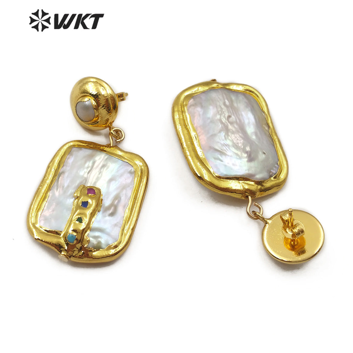 WT-E574 WKT New Arrival Natural Pearl Earring With Color Beads Rectangle Shape Gold Plated Pearl Earrings Women Fashion Jewelry
