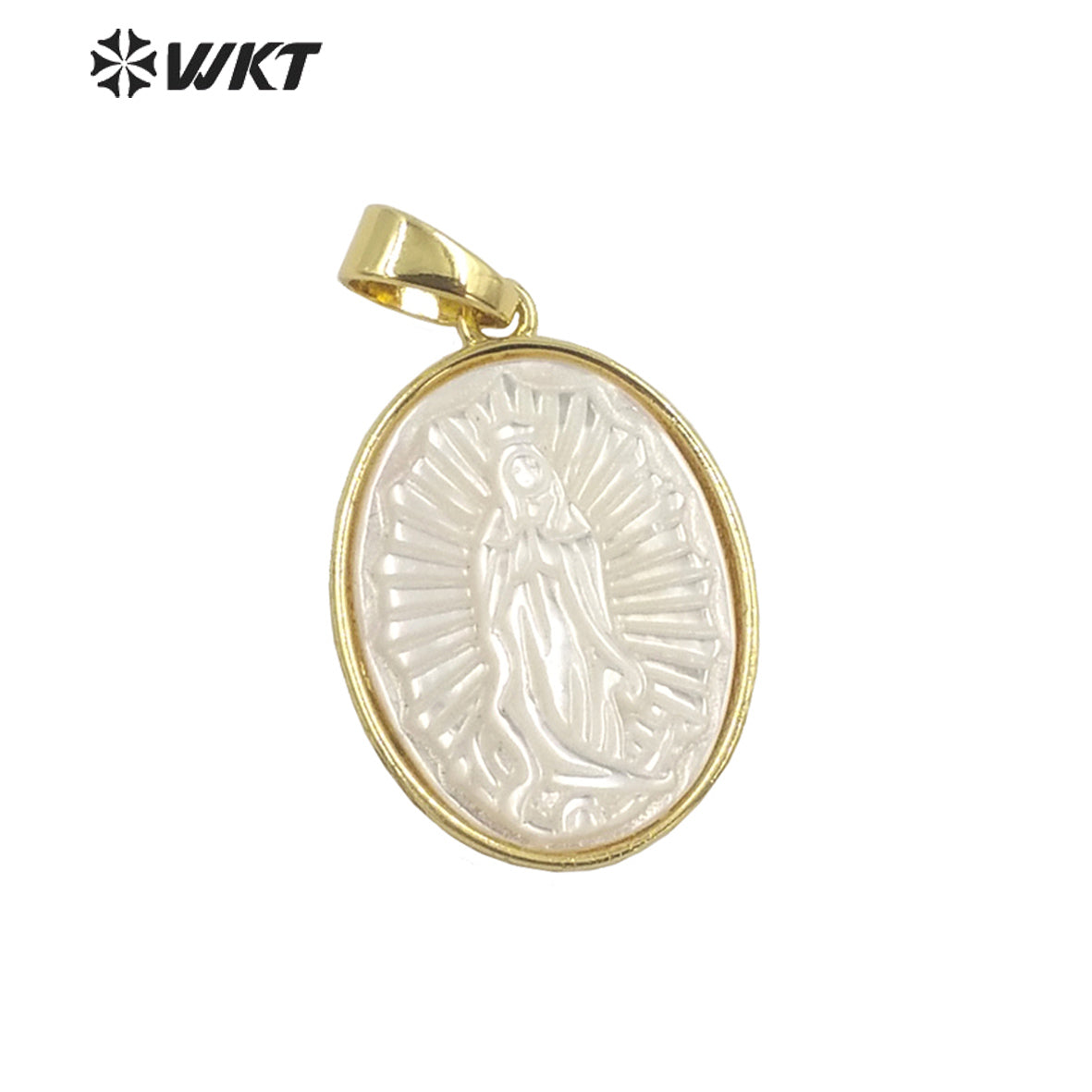WT-JP320 Wholesale Fashion Religious Christian Virgin Mary Shell Pendant Gold Bezel Oval Shape MOP Jewelry Pendant