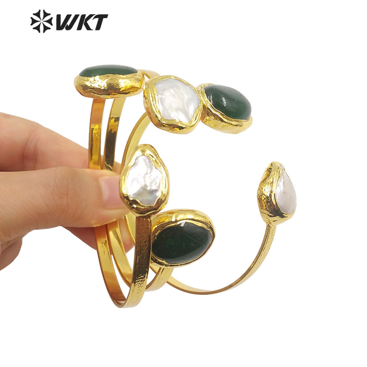 WT-B622 WKT NEW DESIGN Fashion 18k Real Gold Plated Double Stone Bangle Real Pearl Cuff Bangle for Wedding Daily Match Jewelry