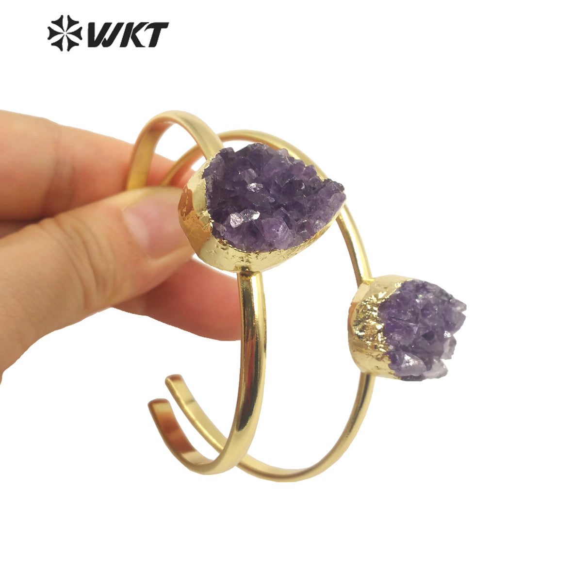 WT-B611 Druzy Amethyst Bangles French Vintage Style Yellow Brass 18k Gold Plated Bangles As Women Gift Natural Crystal Bangles