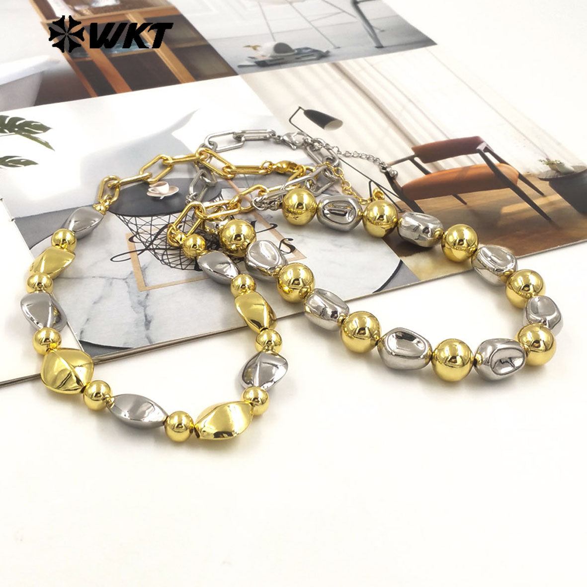WT-JFN28 New Natural Brass 18K Gold Plated and Silver Irregular Diamond Shaped Flat Bead Necklace for Women As Daily Decoration