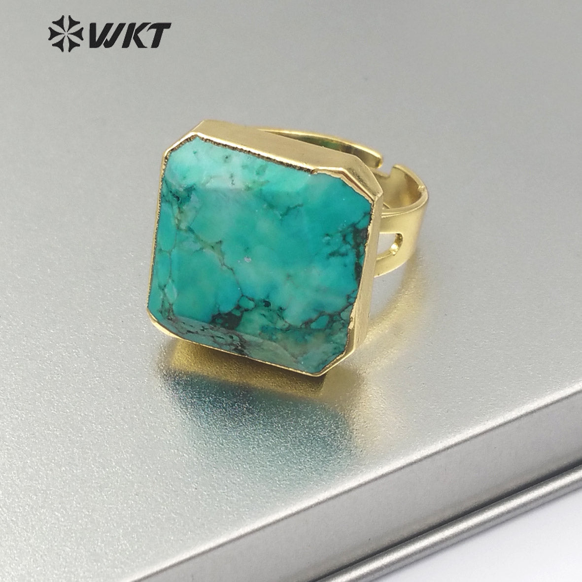 WT-R216 Natural Multi Color Gemstone Gold Electroplated Ring Fashion Adjustable Turquoise Single Stone Ring