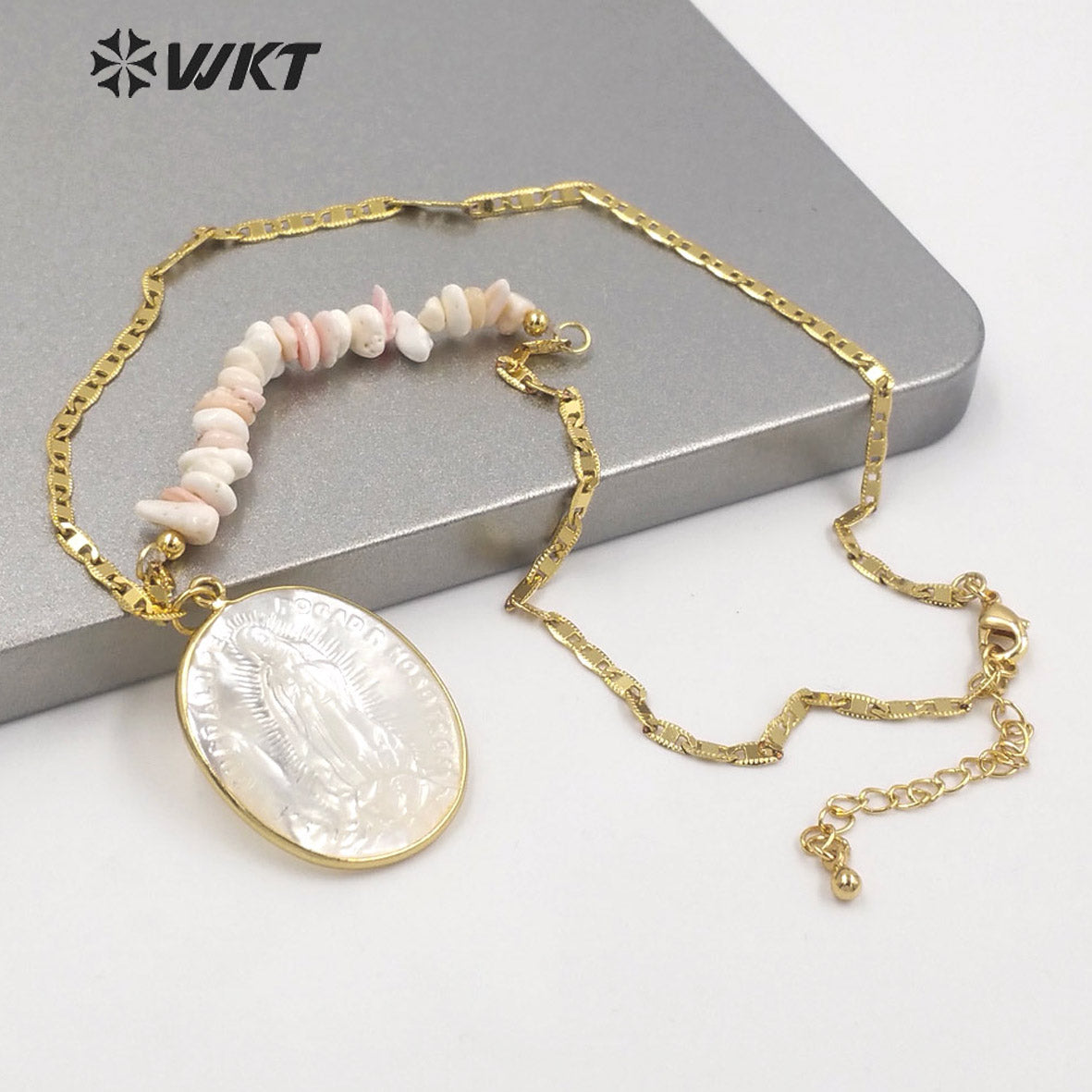 WT-JN146 WKT Amazing Fashion 18k Real Gold Plated Religious Virgin Mary Pendant Necklace Mix Contructure Shell Pendant Necklace
