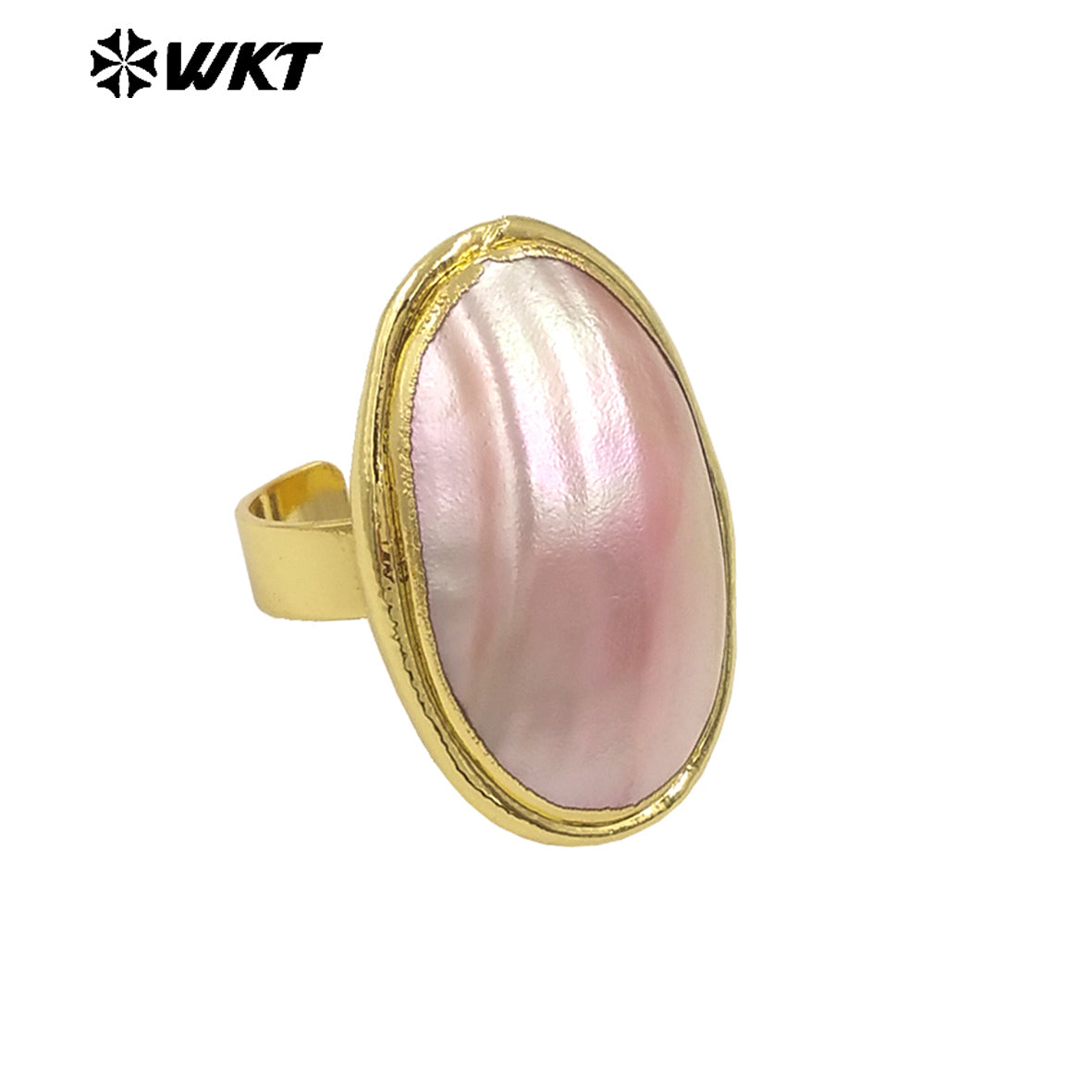WT-MPR112 New Arrivals High Quality 18K Gold Plated Unisex Oval Adjustable Pink and White Large Mabe Shell Ring As Special Gift