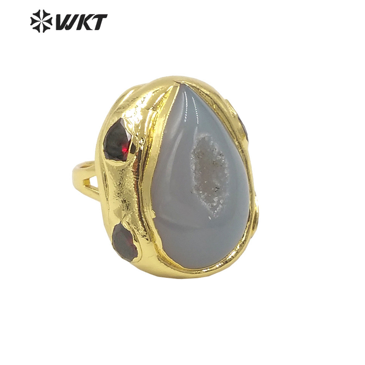 WT-R500 Gorgeous 18K Gold Plated Natural Druzy Geode Agate Teardrop Fashion Designer Unique Grey Stone Jewelry Ring