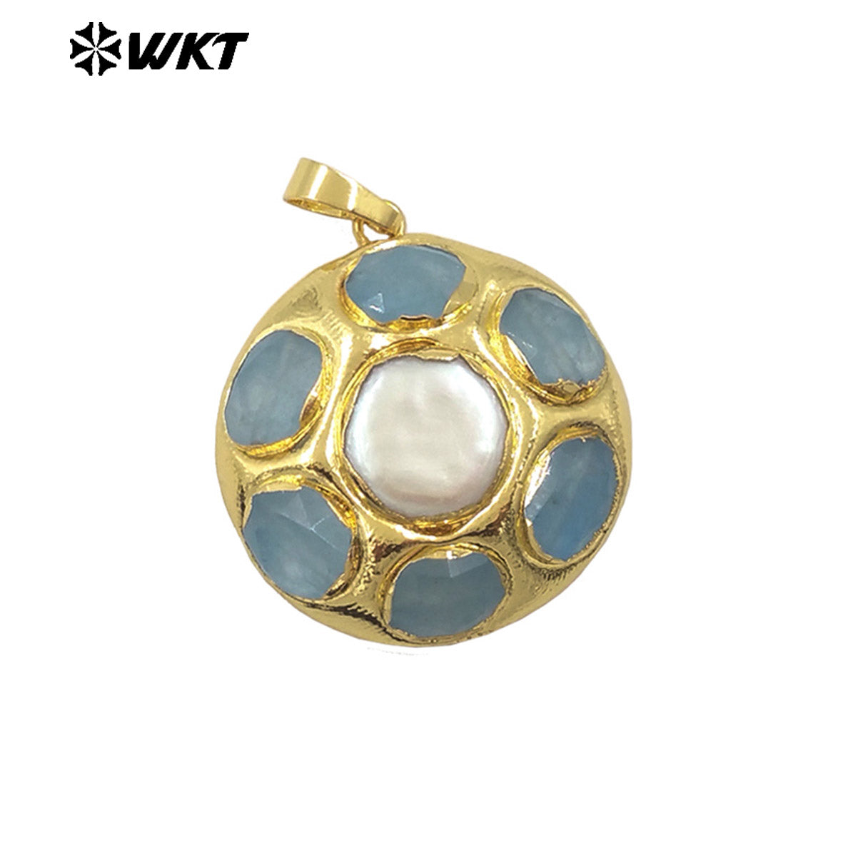 WT-JP411 Amazing Fashion Gold Plated Handmade Bezel Setting Natural Round Natural Stone and Pearl Flower Pendants