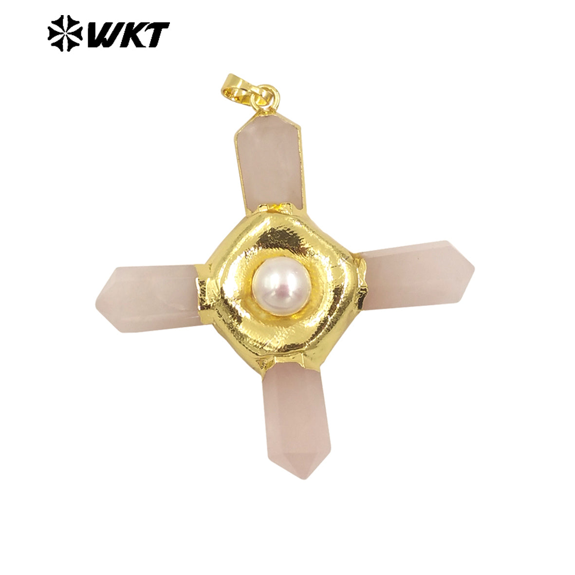 WT-P1967 Wholesale Fashion Gold Plated Cross Healing Energy Gemstone Point Anchor Pendants Special Rose Quartz Jewelry