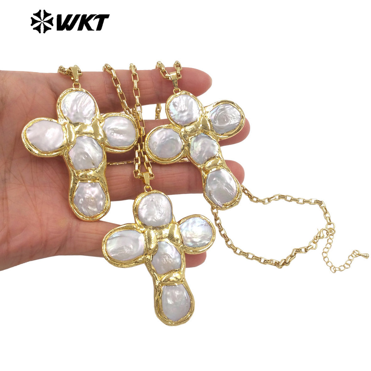 WT-JN349 Trendy 18K Gold Plated Tiny Square Chain Round Natural Freshwater Pearl Cross Pendant Necklace For Women Party Wearing
