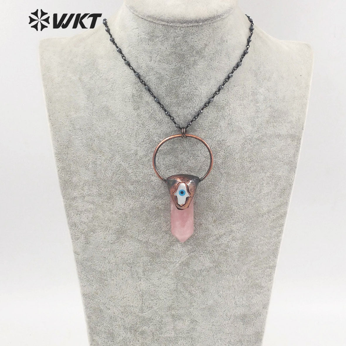 WT-N1391 Vintage Bohemian Hexagon Rose Quartz Stone Necklace Antique Copper Hematite Beads Chain Pendant Necklace