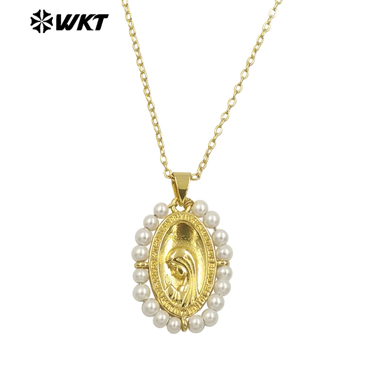 WT-MN995 WKT 18K Gold Plated Yellow Brass Metal Carved With Handmade Wire Wrapped Crystal Beads the Beauty Face Necklace