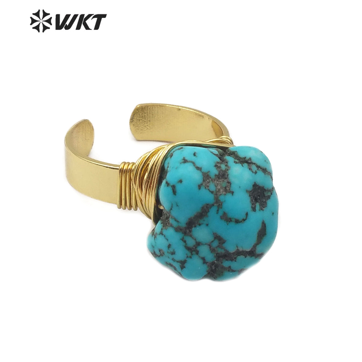 WT-R343 Wholesale Chunky Turquoise Ring Natural Turquoise Ring With Gold Electroplated Adjustable Size Women Elegant Charm Ring