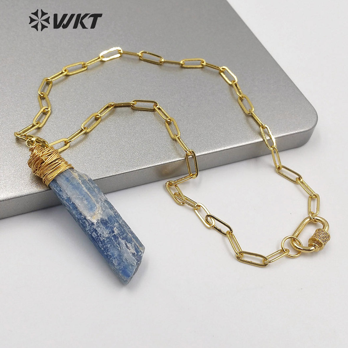 WT-N1221 Natural Blue Kyanite Necklace With Gold Plated Natural Stone Necklace Stylish Women Jewelry Blue Kyanite Necklace