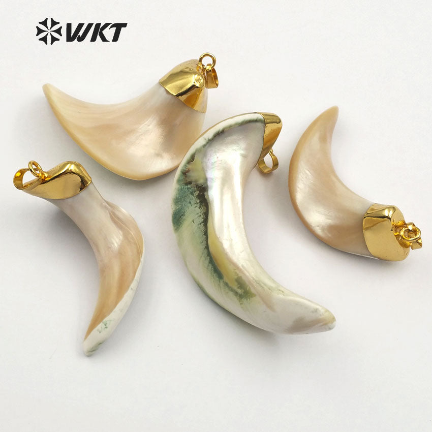 WT-JP062 Random Size 18K Gold Capped Pendant for Women Sea Side Jewelry Big Crescent Shape Shell Natural Sea Shell Horn Pendant