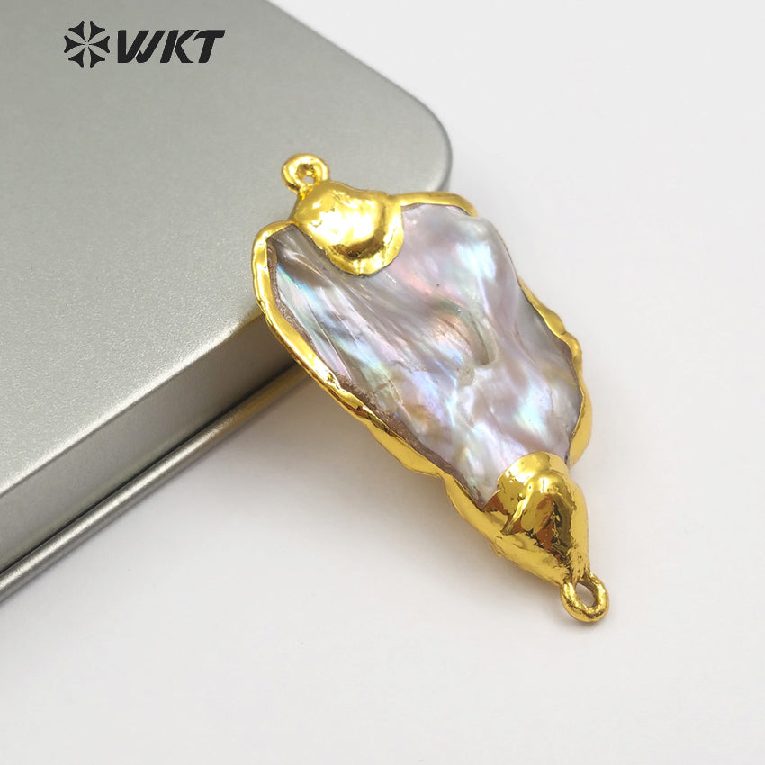 WT-JP079 Irregular Shape in Double Hoops Gold Capped Pendant Natural Wild Coast Jewelry for Woman Freshwater Pearl Pendant