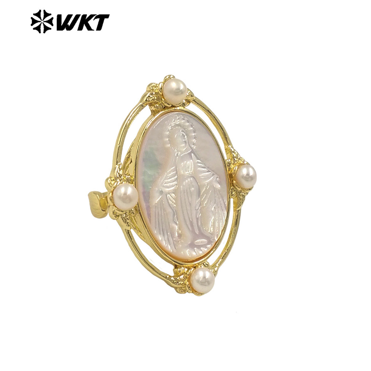 WT-MPR105 WKT Exclusive Newest 18K Real Gold Plated Oval Pearl Shell Virgin Mary Ring in Open Size Christian Jewelry