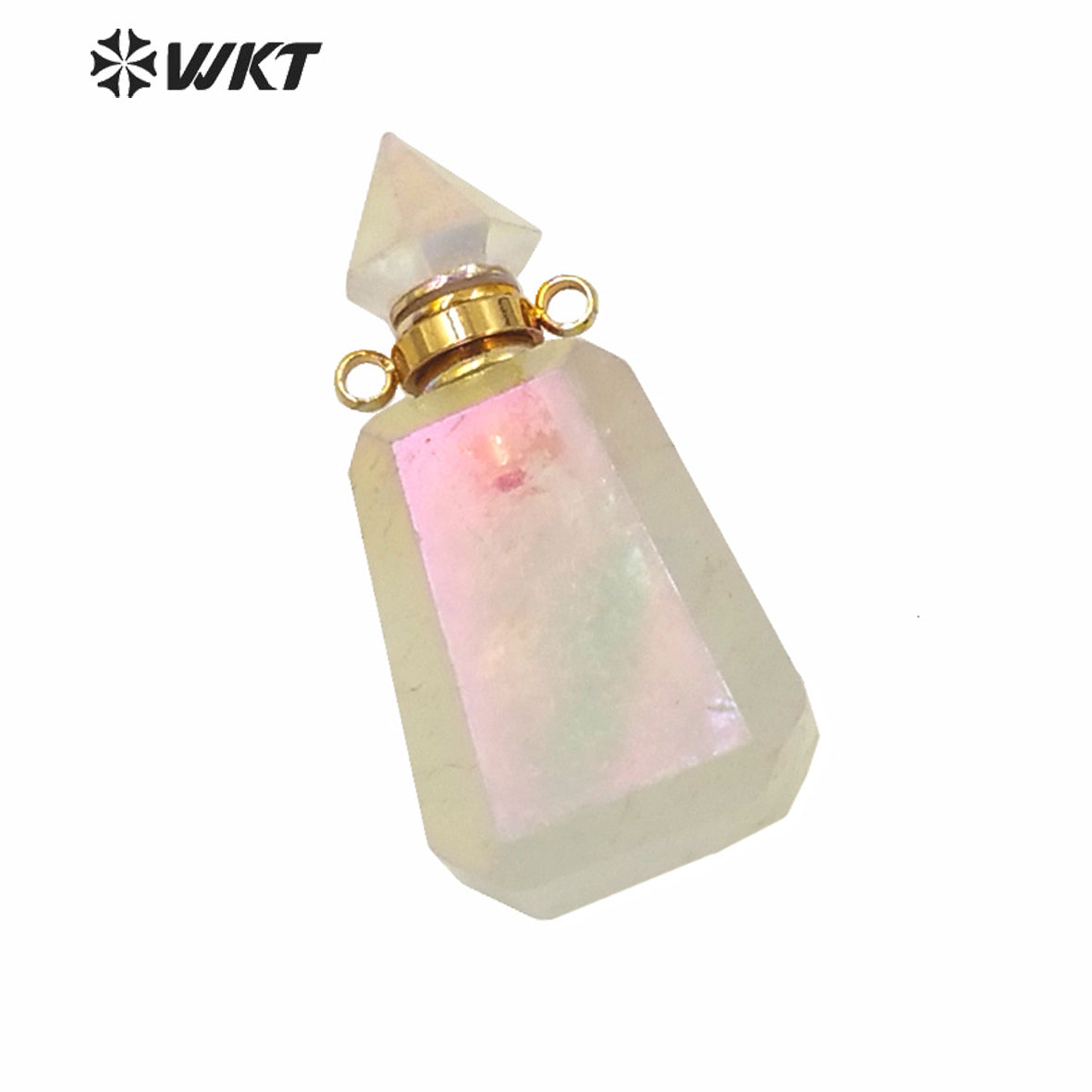 WT-P1616 WKT Newest Natural Crystal Quart Aura Angel Perfume Bottle Fashion Gold Exclusive Design Aura Spirit Bottle Pendant