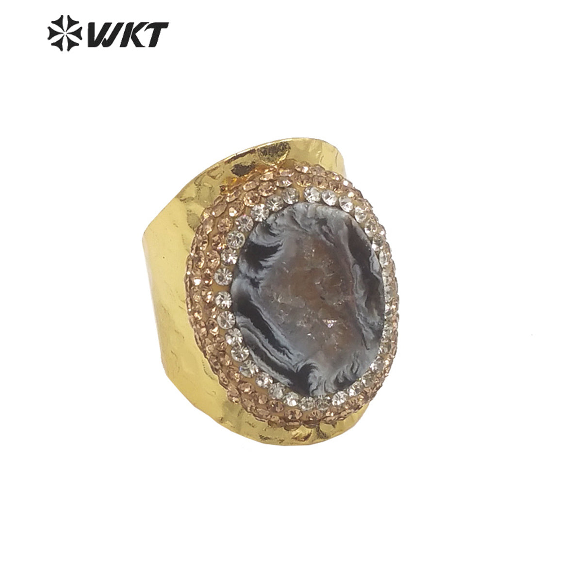 WT-R446 Amazing 18k Gold Plated Resist Tarnishable Natural Geode Agate Ring Women Wide Band Stone Cocktail Ring
